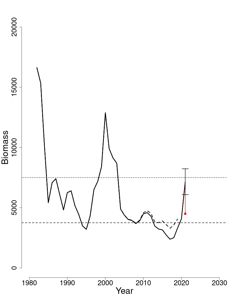 Spawning stock biomass trends over time for Georges Bank winter flounder. 