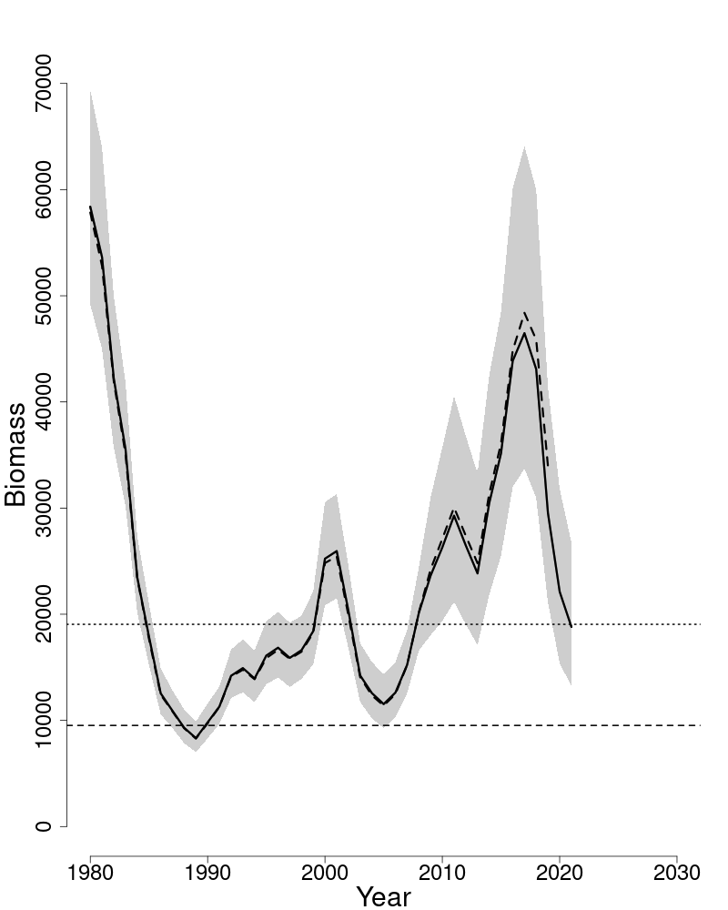 Spawning stock biomass trends over time for American plaice. 