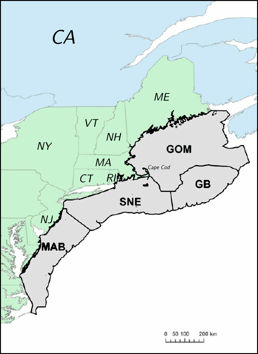 Map of northeastern seaboard; states and countries shown using 2-letter acronyms.