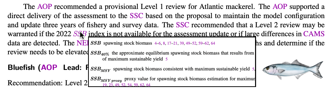 popup showing glossary item for SSB