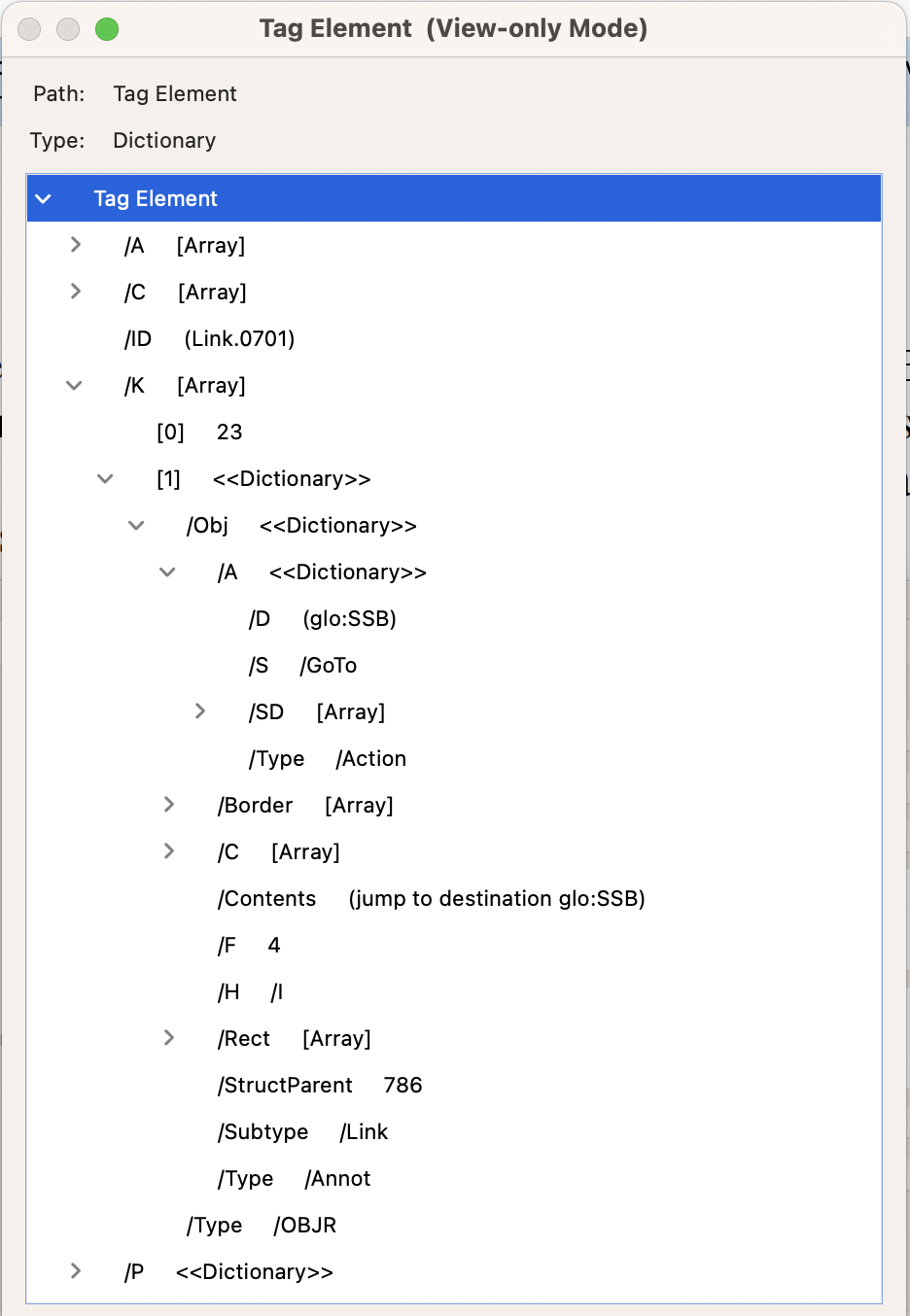 Acrobat dialog showing SSB tag structure dictionary