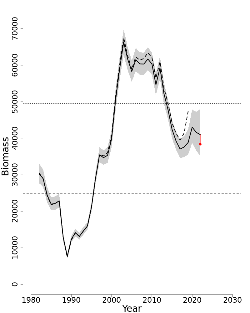 Spawning stock biomass trends over time for Summer flounder.